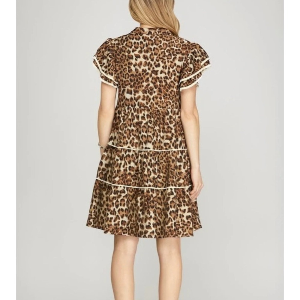 She + Sky Leopard Print Tiered Babydoll Mini Dress Ruffle Sleeve Brown White M - Picture 2 of 10